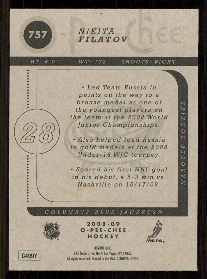 2008-09 O-Pee-Chee #757 Nikita Filatov RC - Image 2 of 2