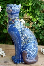 Tall Thin Kitty Cat Handmade Clay Hand Painted 2 Headed Eagle Tonala Mexico Folk