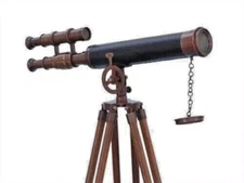 Double Barrel 18 In Brass Nautical Mini Navy Telescope With Wooden Tripod Stand
