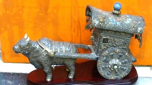 ANTIQUE 19c CHINESE SILVER&GILT WEDDING OX CARTDECORATED W/DRAGONS,BATS