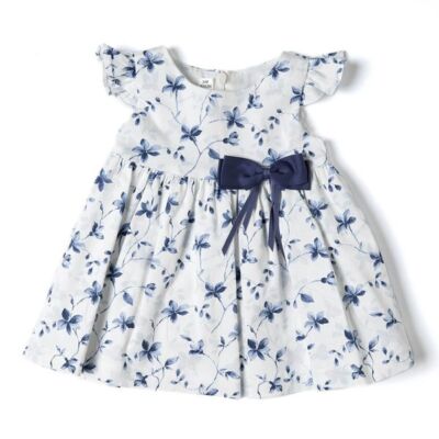 Mädchen weiß/blau Blumen Flügelärmel Kleid mit Schleife Detail - 18 Monate