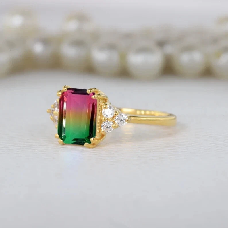 Anillo de compromiso biturmalina natural enchapado en oro de 18 quilates para ella Foto 4 de 4