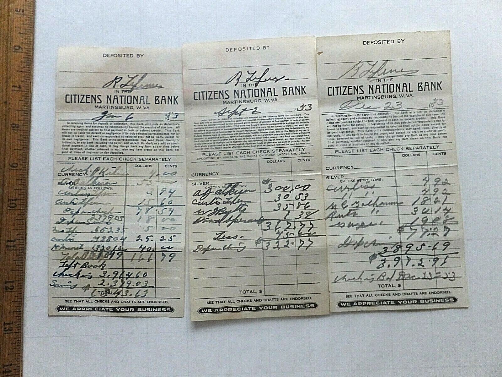 Three 1953 Bank Deposit Slips.Citizens National Bank, Martinsburg, West
