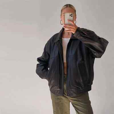 90's Women's Handmade Oversized Real Leather Black Bomber Jacket