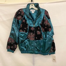 Vintage Lavon Women's Sz M Windbreaker Green Gold Bomber Jacket 90s Embellished