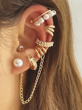 Gold Pearl Clip-On Ear Cuff Set With Chain And Minimalist Earrings