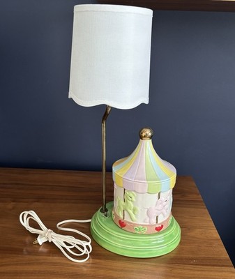 Vintage Handmade Ceramic Music Box Carousel Lamp Baby Nursery Decor Signed 