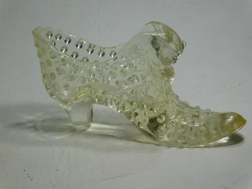 Vintage Fenton Clear White Hobnail Cat Head Glass Shoe Slipper - Read