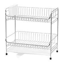 IRIS 2 Tier Stainless Steel Dish Rack with Plastic Drain White