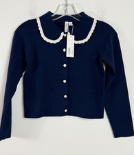 Size 8 JANIE and JACK Crochet Lace Collar Cropped Cardigan Navy White NWT