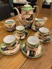 Japanese  Hand Painted Green And Peach Tea-set With Lustre Inside