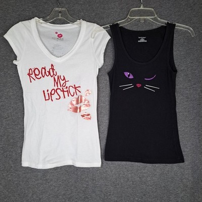 Miley White Lipstick Tee Y2K & Jasmine & Ginger Black Tank Cat Size M Lot of 2