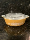 Vintage Pyrex #471 Butterfly Gold Floral 1 Pint Casserole Dish & #470C Glass Lid