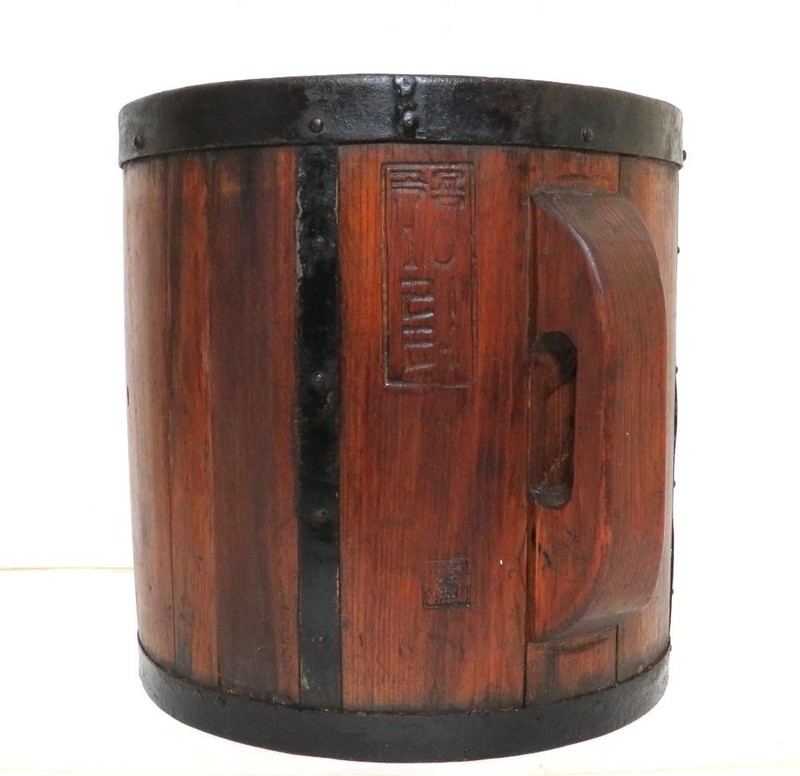 Antique Vintage Asian Chinese SIGNED Wood Wooden Rice Grain Harvest Bucket