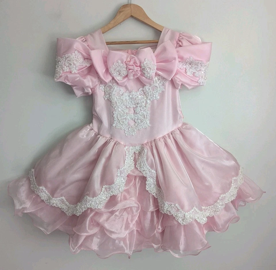 Vintage Girls Pink Satin Pageant Party Dress Pearl Lace Ruffle Tulle Full Circle - Image 2 of 4