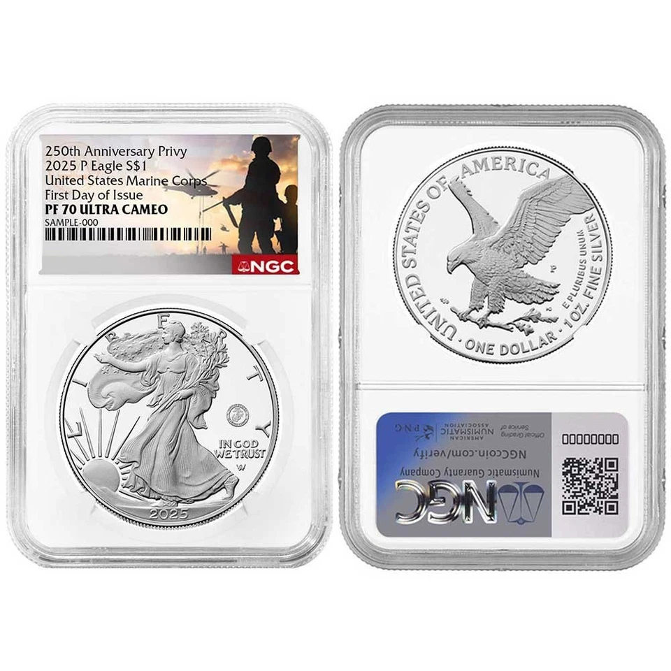Preventa - Prueba 2025-P $1 American Silver Eagle Marine Corps Privy NGC PF70UC Foto 3 de 3