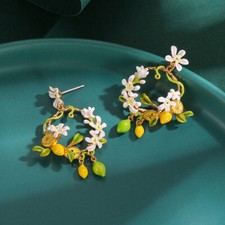 Original Design Enamel White Flower Lemon Wreath Drop Dangle Earrings