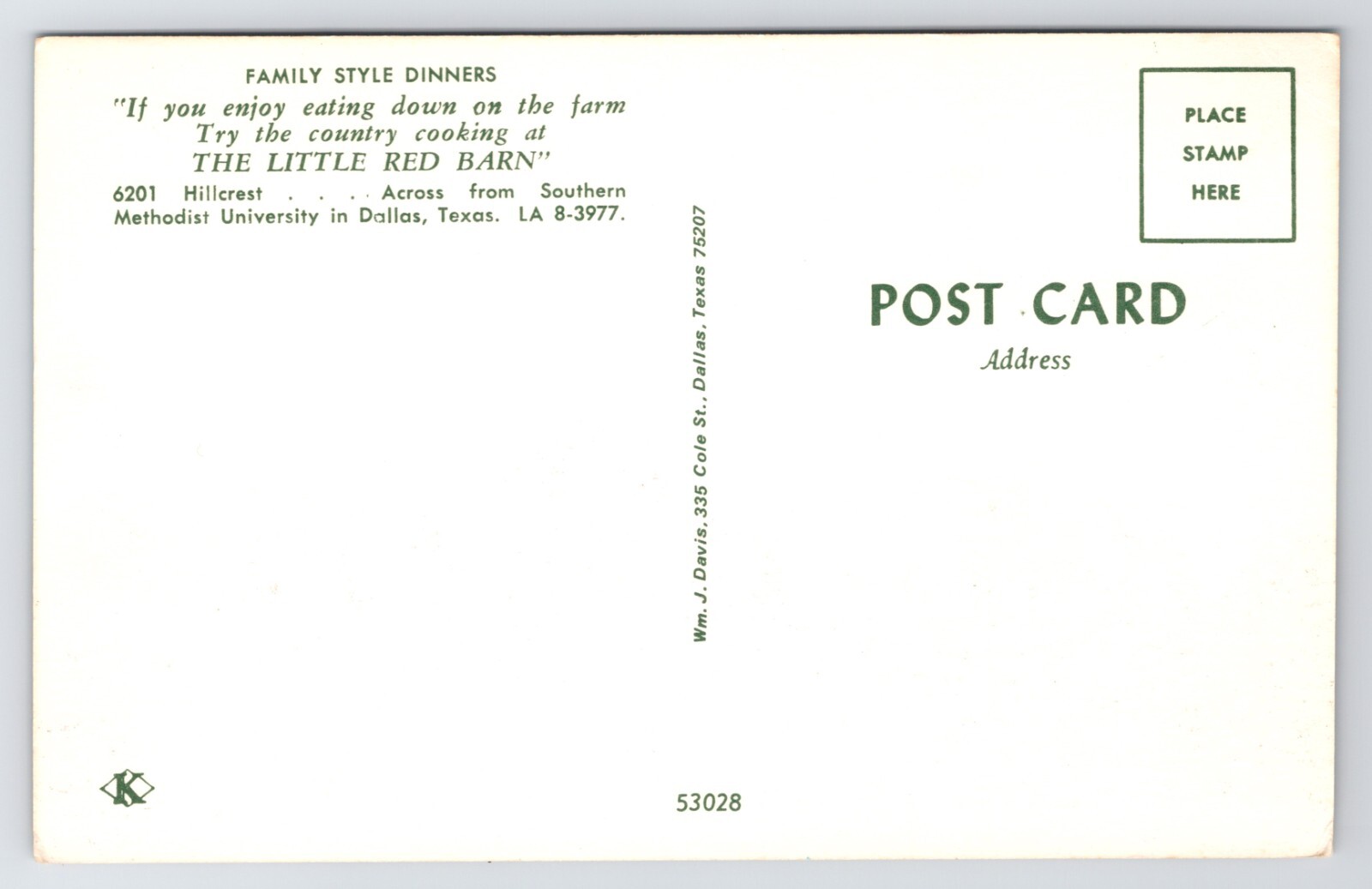 Little Red Barn Restaurant Family Style Dinner Dallas Texas TX c1950s