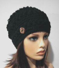 crochet handmade womans button hat beanie black puffs USA new