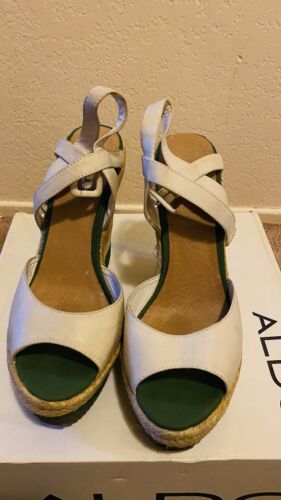 Aldo Off White Green espadrille Braided Wedge Size 38 Open Toe Leather - 第 1/4 張圖片
