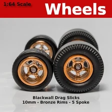 Muscle Car Long Axle - Bronze 5 spoke Drag Slicks - 10mm/12mm for Hot Wheels