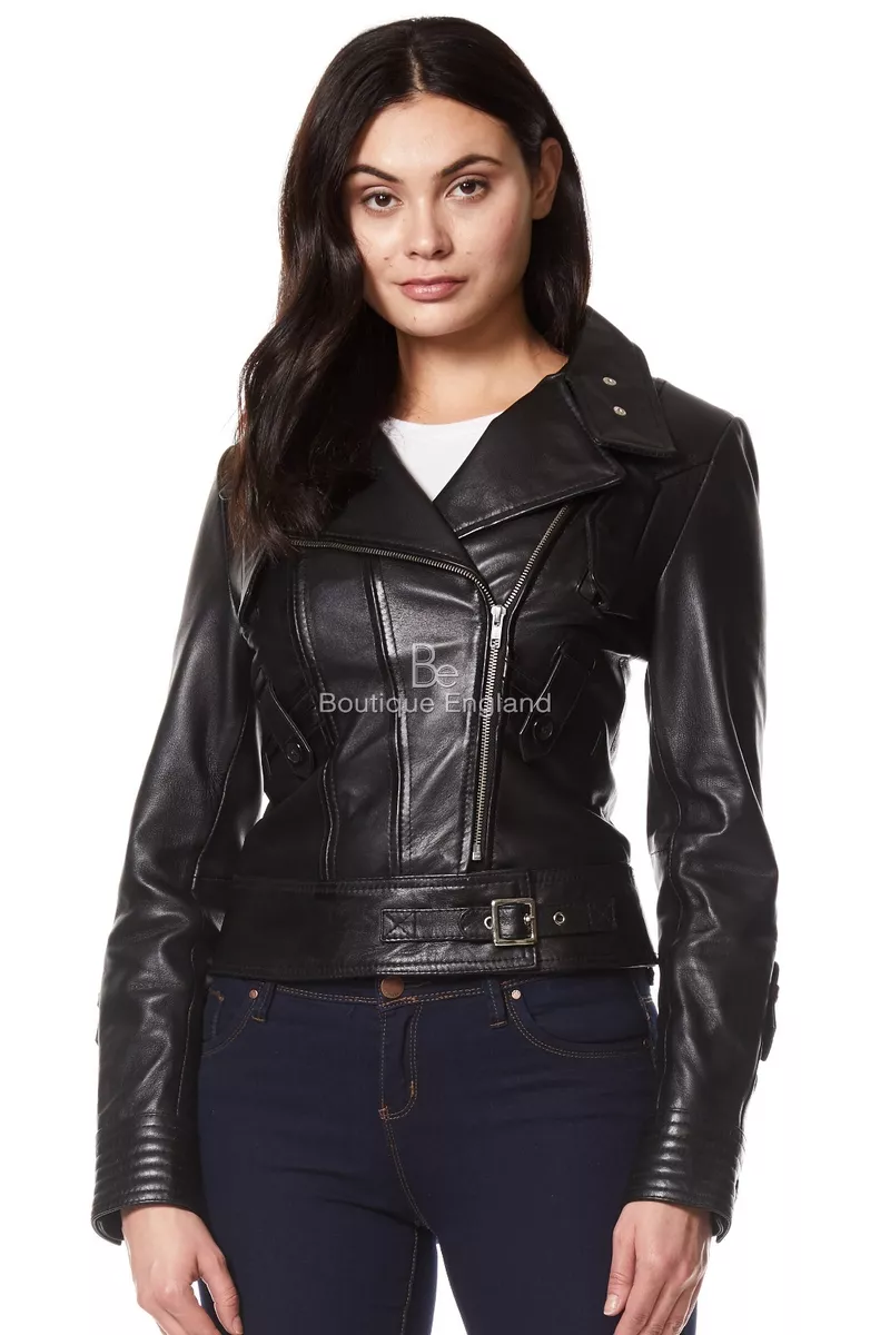 Ladies Biker Leather Jacket Black SOFT REAL LEATHER Designer Wear