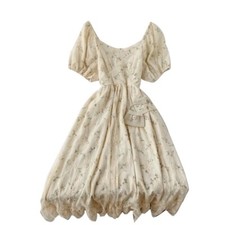 Ladies Retro Tea Dress Flower Short Puff Sleeve Mesh Lace Ruffled Evening Prom