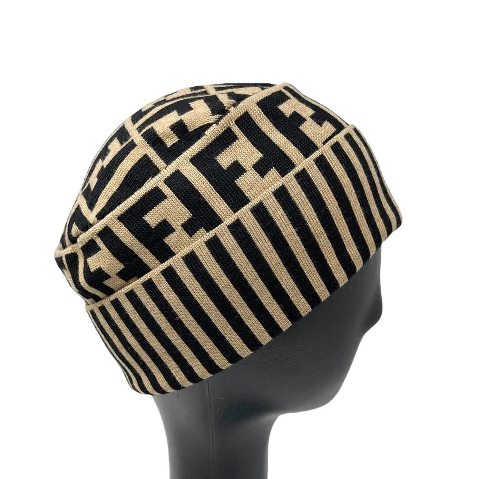 FENDI Vintage Zucca Monogram Knit Beanie #42 Cap Stripe Beige Black Wool - Image 3 of 4