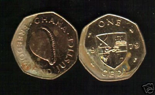 GHANA 1 CEDI 1979 KM-19 FAO DEER LION ARMS CAURI COIN LOT X 10 PCS GHANIAN MONEY