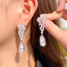 Long Symmetrical Zirconia Leaf Drop Earrings Silver Plated Women Wedding Jewelry