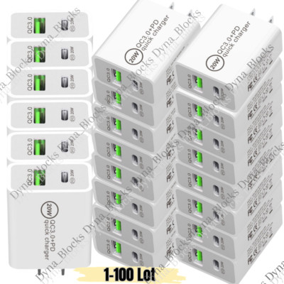 Bulk Lot QC3.0 20W PD Fast Wall Charger Power Adapter For iPhone Samsung Android