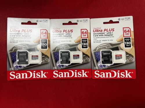 Lot Of 3  SanDisk Ultra Plus MicroSDXC UHS-I Card w/ Adapter - 64GB - Picture 1 of 2