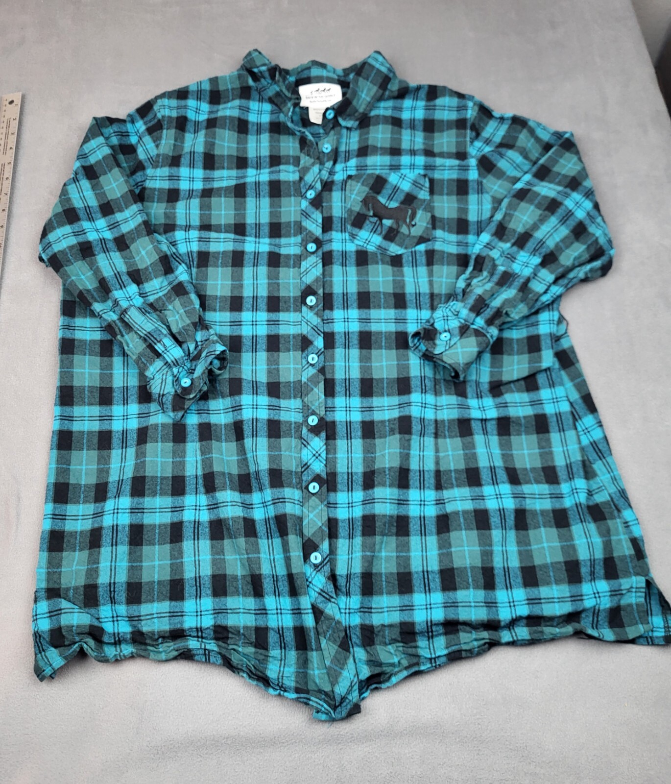 Back In The Saddle Shirt Womens 2X Blue Embroidered Horse Pocket Plaid Light