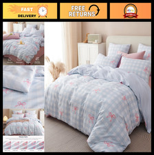 Twin Comforter Set - Blue Plaid  Pink Bow, Soft Lightweight Gingham Bedding, 2