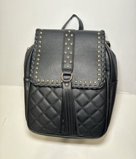 Black Quilted Leather Backpack Studded Tassel Mini Backpack Purse Gold Hardware