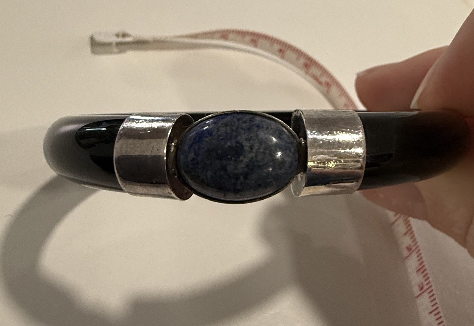 Vintage Solid Black Onyx Bangle with Sterling Sil… - image 2