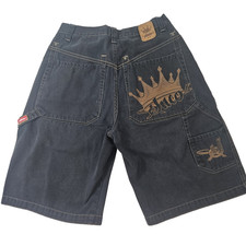 Vintage Y2K JNCO Black Denim Shorts Size 31 Embroidered Gold Crown Skater Grunge