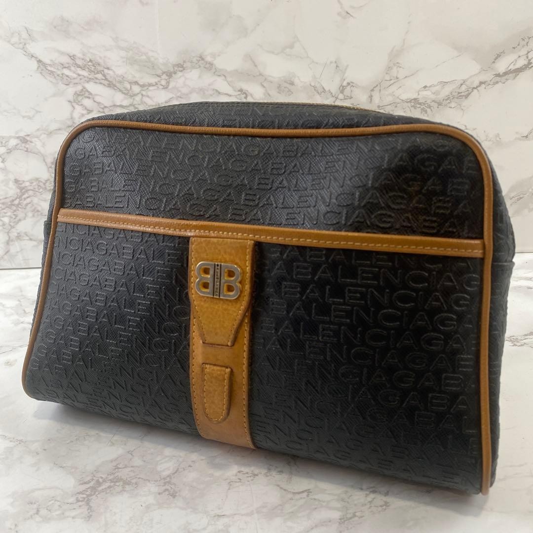 Balenciaga Clutch Bag All Logo BB Logo Vintage Leather USED Auth