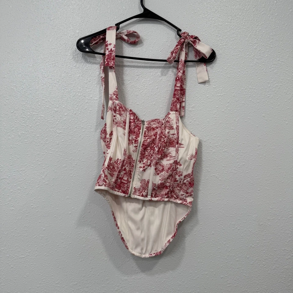 Moda Nova Corsé Top Rojo Blanco Estampado Toile Cuello Cuadrado Corbata Hombros Talla M Foto 2 de 4