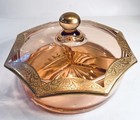VTG Pink Depression Indiana Glass With Gilded Gold Lid 3 Divided Candy Dish