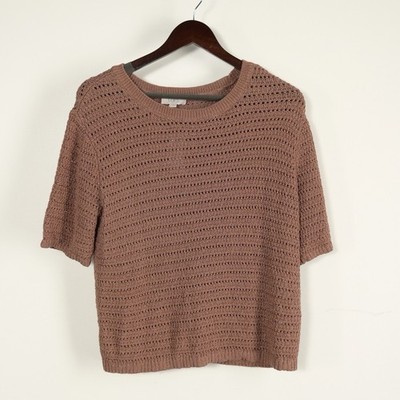 Ann Taylor Loft Women s S. Taupe Short Sleeve Crochet Pullover Overlay Top NWT