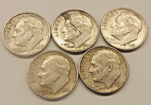 5 Roosevelt Dimes Various Years & Mint Marks