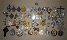 Lot of 62 vintage - CATHOLIC - religious pendant MEDALS + PINS crucifix rosary +