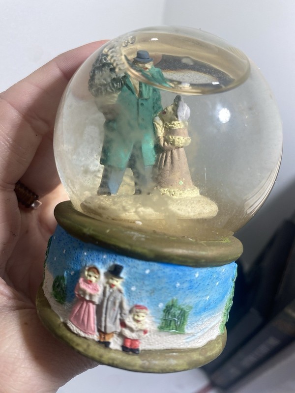 Vintage Christmas Glass Snow Globe Winter Scene Family & Snowman, Painted Base