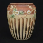 Vintage Roseville Cherry Blossom Vase - Brown/Tan & Cream Lattice Decor 7.25"
