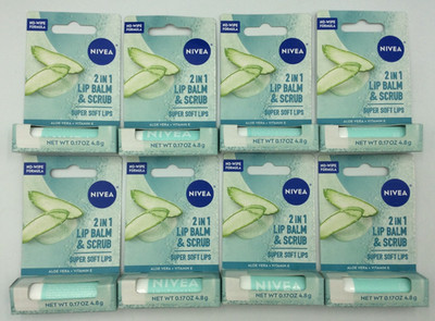 NIVEA Aloe Vera & Vitamin E 2 in 1 Lip Balm & Scrub, .17 oz  PACK OF 8 
