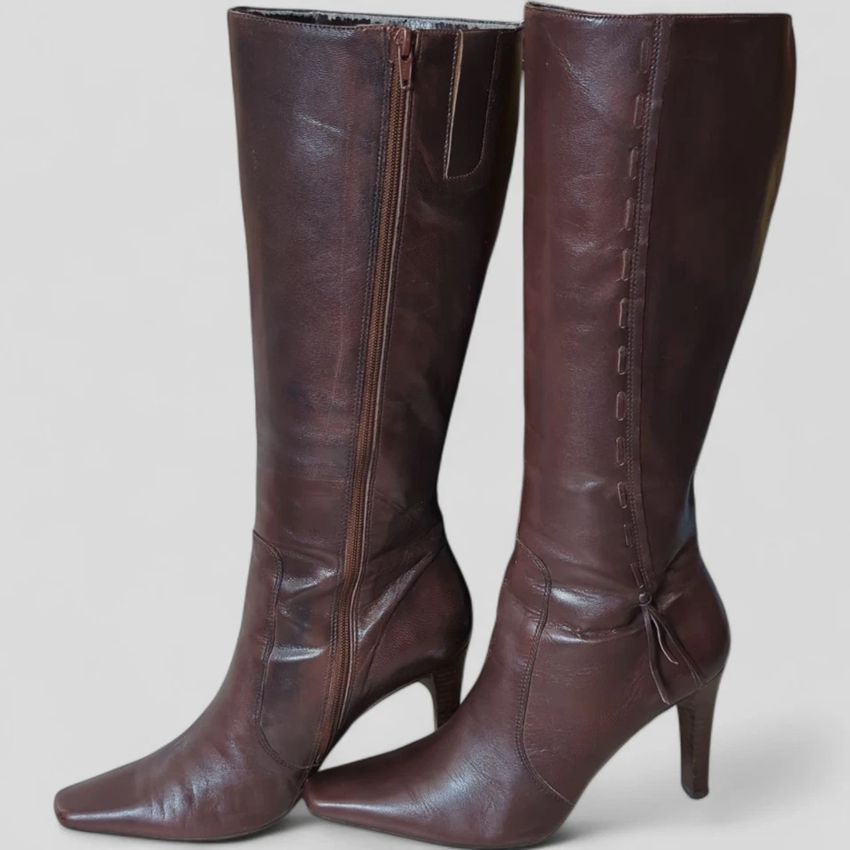 Marc Fisher Women Knee High Brown Boots Leather Side Zip Up High Heel Business - Image 4 of 4