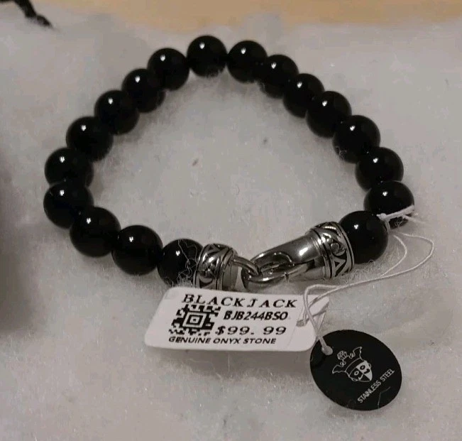 Pulsera de hombre BLACKJACK de acero inoxidable con cuentas de ónix negro genuino BJB244BSO Foto 3 de 4