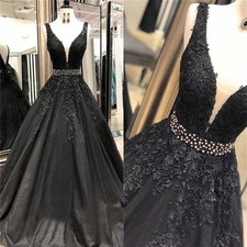 Gothic Black Wedding Dresses Lace Appliques Beaded V Neck A-Line Bridal Gowns