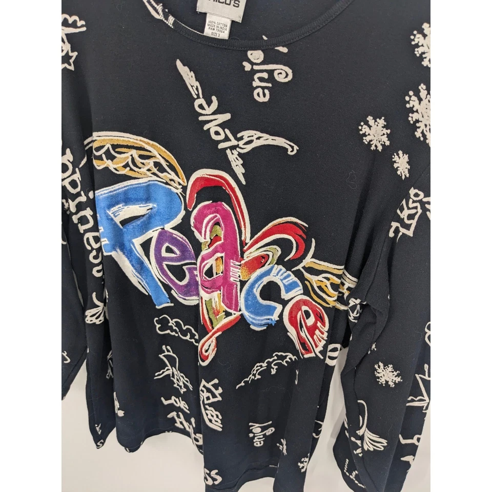 Chicos Top Womens XL Black Peace Graphic Long Sleeve Colorful Fun Cotton Shirt - Image 2 of 4